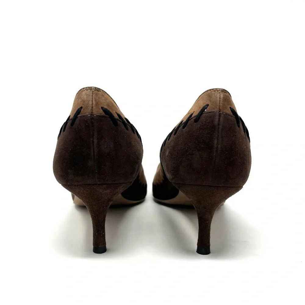 Manolo Blahnik Western Suede Kitten Low Heels Pumps Brown Tan Pointed Toe 40 10